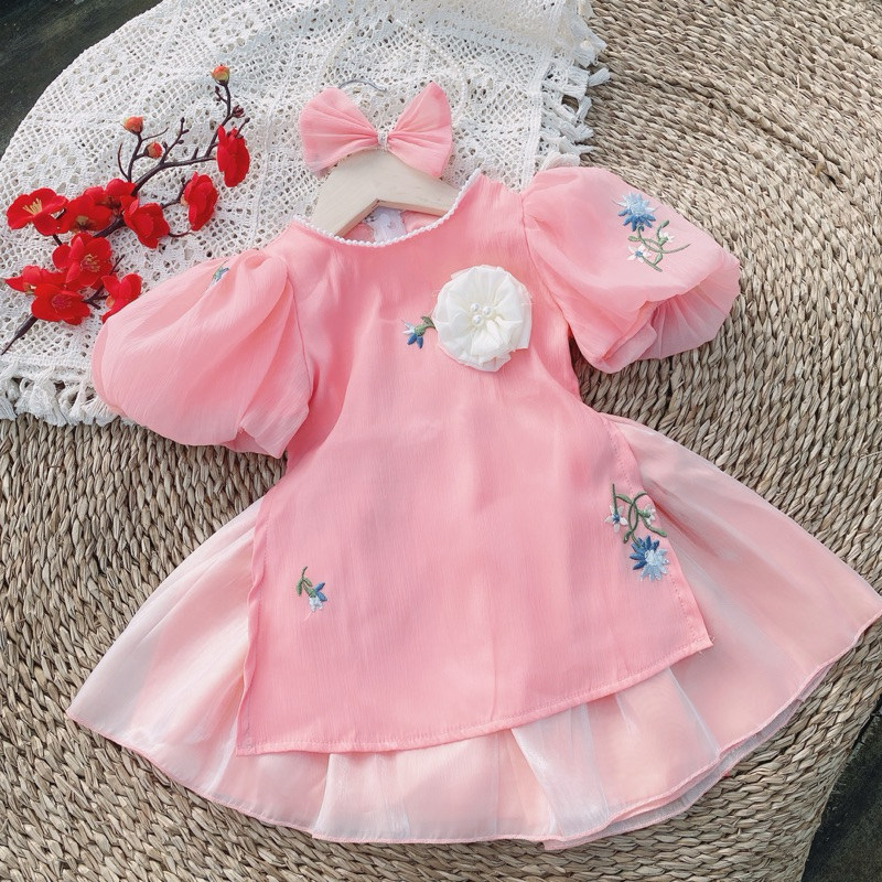 Set áo dài Hồng tơ thêu hoa xanh kèm cài cho bé gái 5-13kg