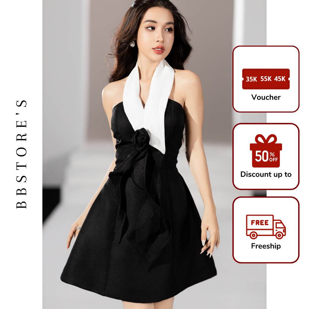 Đầm Xòe Cổ Yếm Dự Tiệc Kết Hoa Vải Trước Ngực BBSTORE'S -D2954