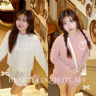 Bộ Quần Áo Nỉ Nhung HEARTIE Hoạ Tiết Viền Ren Coquette Trái Tim Đính Nơ