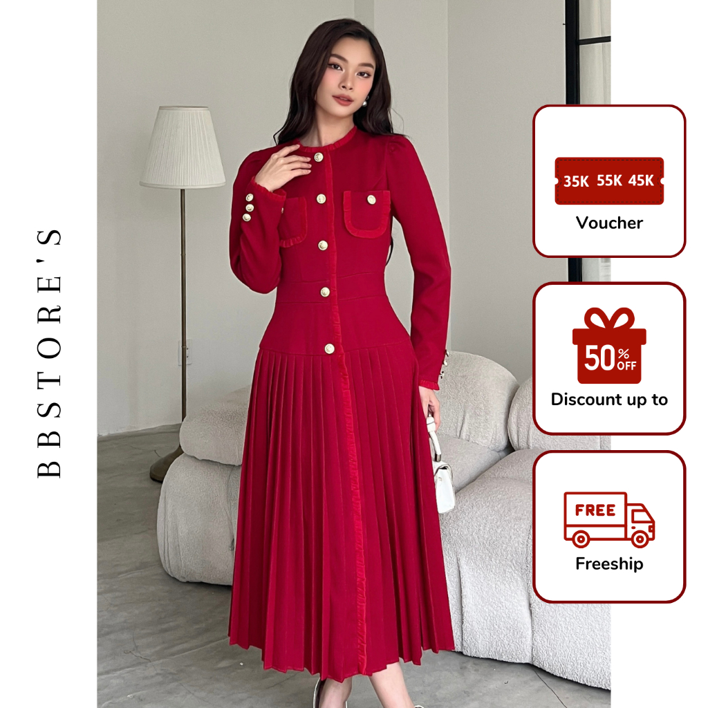 Đầm Xòe Dự Tiệc Tùng Váy Dập Ly Tay Dài Phối Nút Chất Liệu Vải Linen Gân Cao Cấp BBSTORE'S -D2897