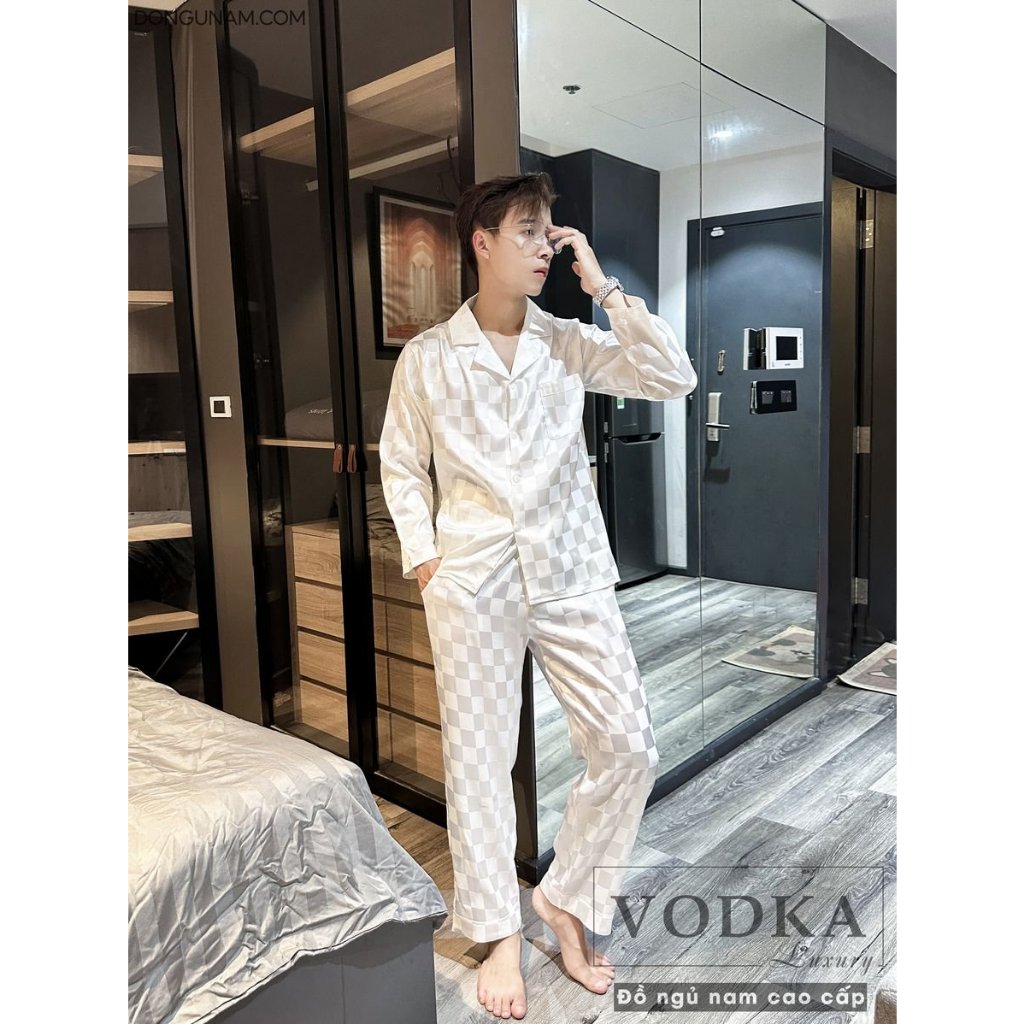 Đồ ngủ nam pijama lụa nam VODKA LUXURY gấm mềm mại & sang trọng hoa văn ô vuông hàng cao cấp GO14