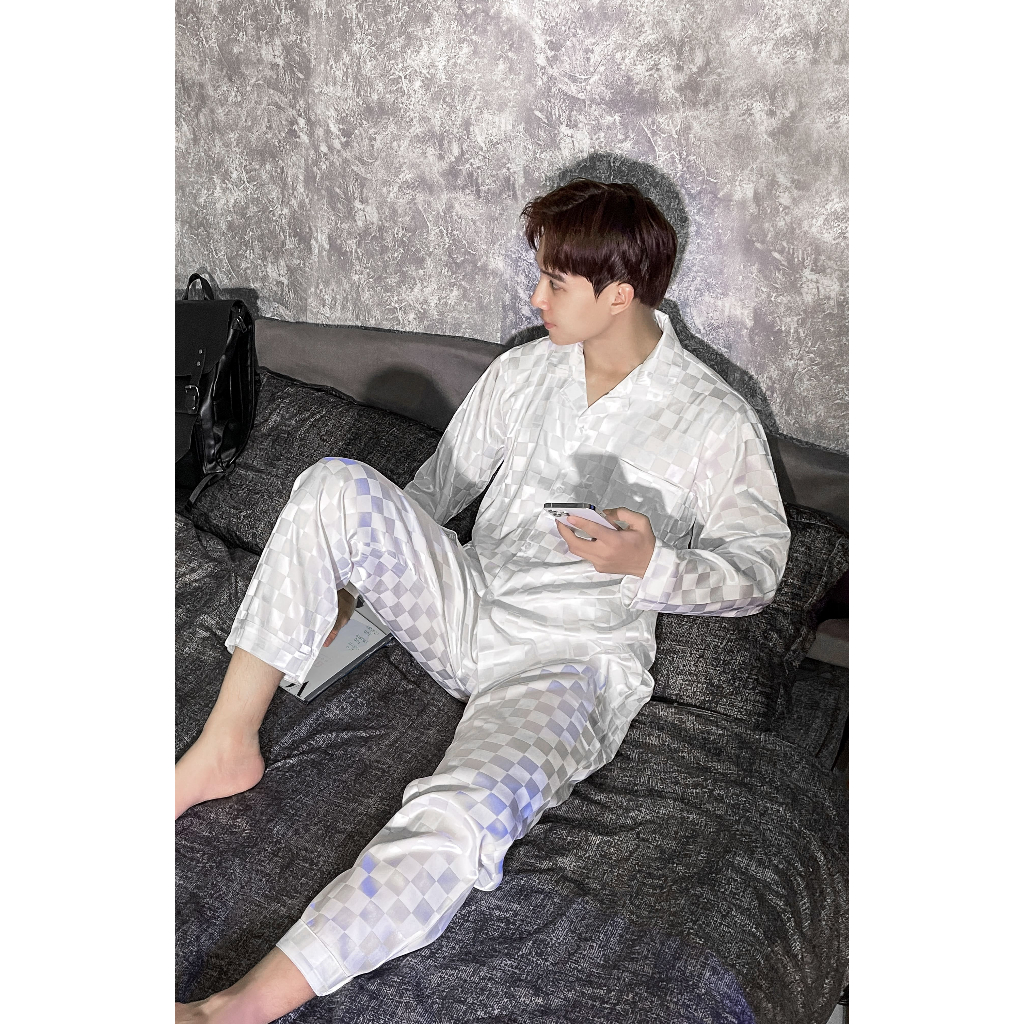 Đồ ngủ nam pijama lụa nam VODKA LUXURY gấm mềm mại & sang trọng hoa văn ô vuông hàng cao cấp GO14