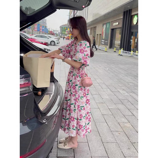 Váy hoa thô lụa Hàn tay bồng