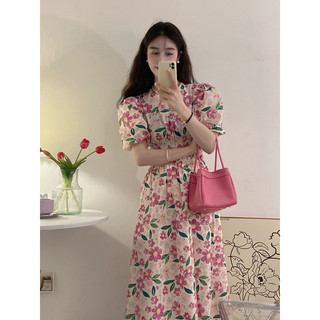 Váy hoa thô lụa Hàn tay bồng