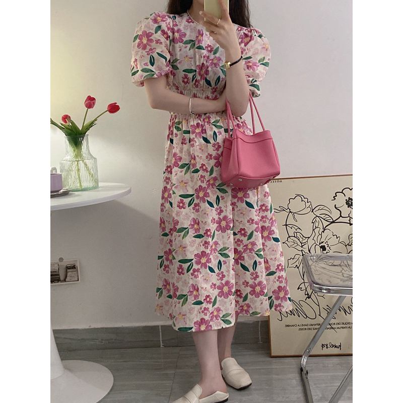 Váy hoa thô lụa Hàn tay bồng