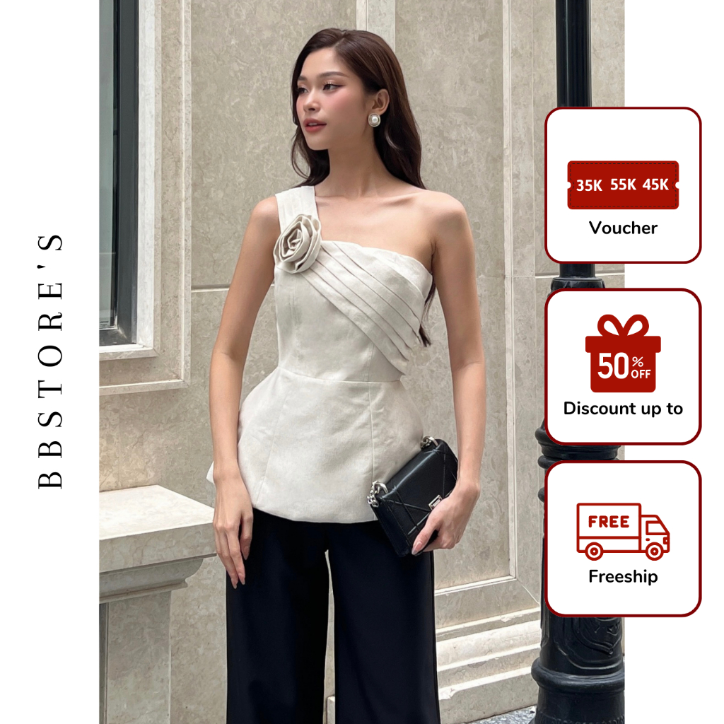 Áo Peplum Lệch Vai Xếp Ngực Phối Hoa Vải Sang Trọng BBSTORE'S - A2568