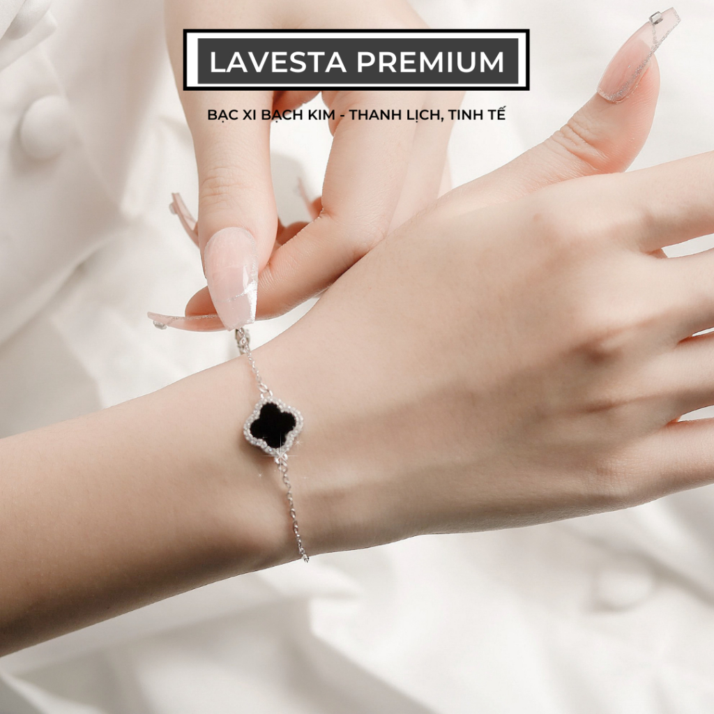 Lắc tay nữ bạc xi bạch kim LAVESTA LAV059 thiết kế cỏ 4 lá mặt đá đen Azura Bracelet thanh lịch, sang trọng