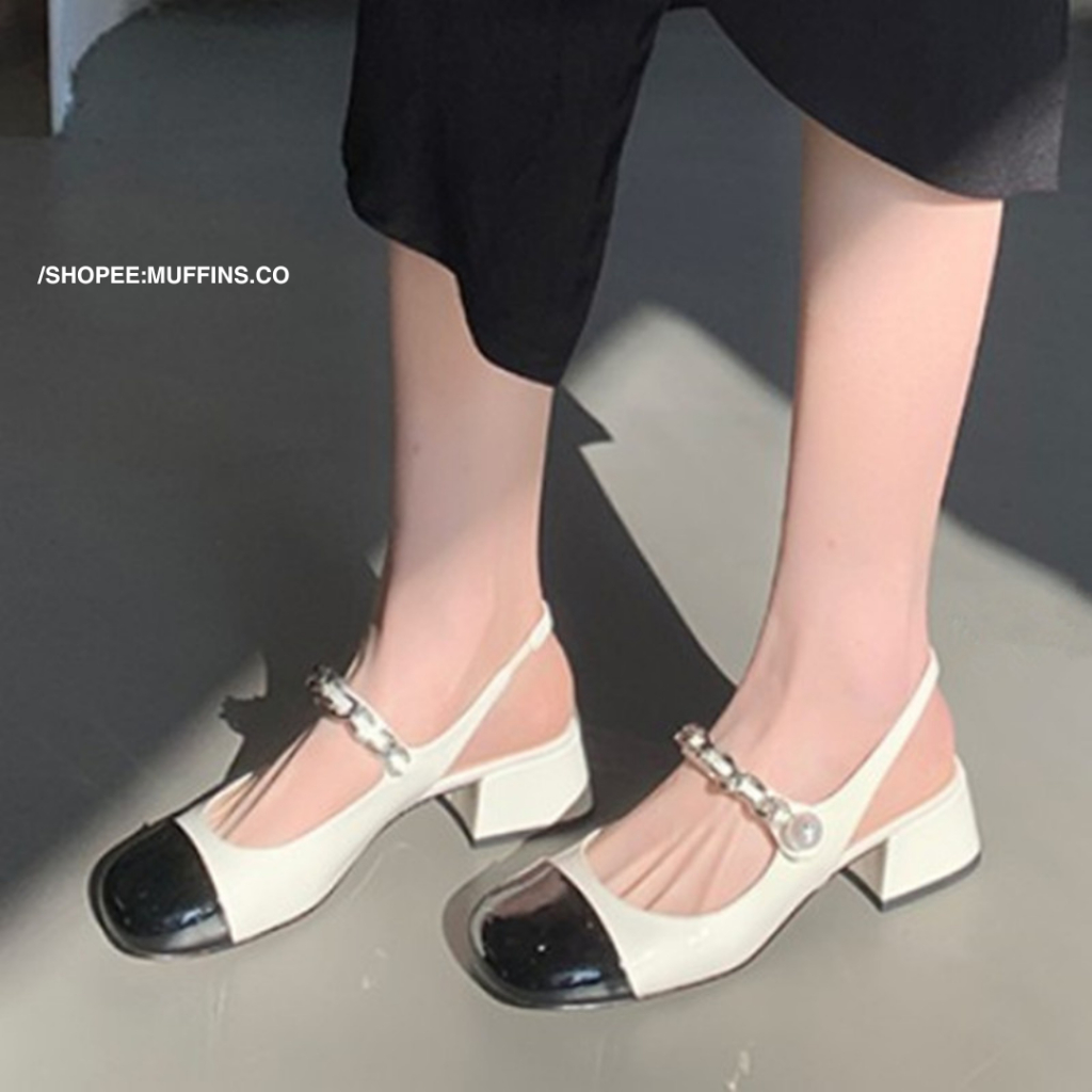 (Sẵn hàng) 𝐌𝐮𝐟𝐟𝐢𝐧𝐬.𝐜𝐨🐧 Giày búp bê mũi tròn quai xích đính ngọc TN