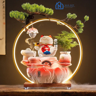Thác Nước Phong Thủy Mèo Thần Tài Kèm Kệ Led Cao Cấp Mang Lại May Mắn, Tài Lộc, Decor Phòng Khách