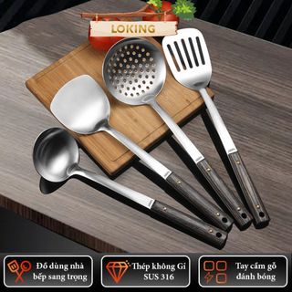 Bộ dụng cụ nhà bếp muôi, muỗng, xẻng inox 316 cán gỗ tiện dụng - LOKING