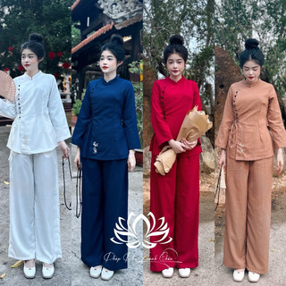 Set bộ pháp phục cổ tàu thêu khánh chân, bộ lam đi chùa đính nút cổ trụ