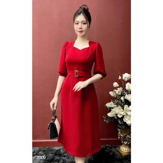 Đầm EMY EM2009 Xoè Đỏ Kèm Đai Eo