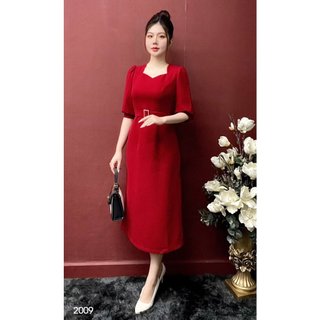 Đầm EMY EM2009 Xoè Đỏ Kèm Đai Eo