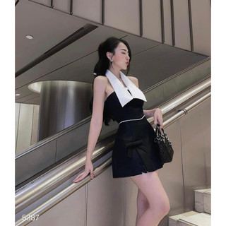 Set chân váy đính nơ túi xẻ trước áo cổ yếm trắng phối viền - Chou Boutique