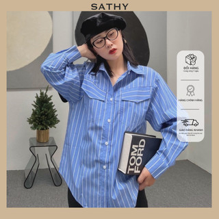 Áo sơ mi sọc nữ tay dài sathy form dáng oversize sọc xanh, hồng vải kate cao cấp - stripedv2 shirt sm024