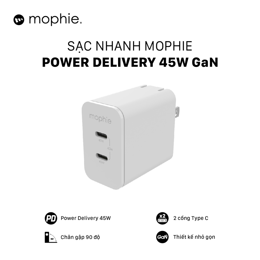 Mophie Sạc nhanh PD 45W/40W Type-C công nghệ GAN dành cho IP/Sam/iPad/Mac air, cáp bọc dù cao cấp | BigBuy360 - bigbuy360.vn