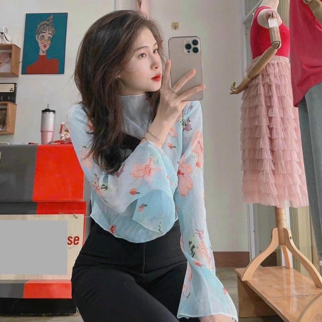 Aó somi chiffon tay loe dài cổ cao xếp li họa tiết in hoa ôm dáng kèm áo 2 dây cho nữ