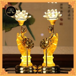 Cặp Đèn thờ tay phật cầm hoa sen, Đèn thủ ấn liên hoa lưu ly pha lê cao cấp