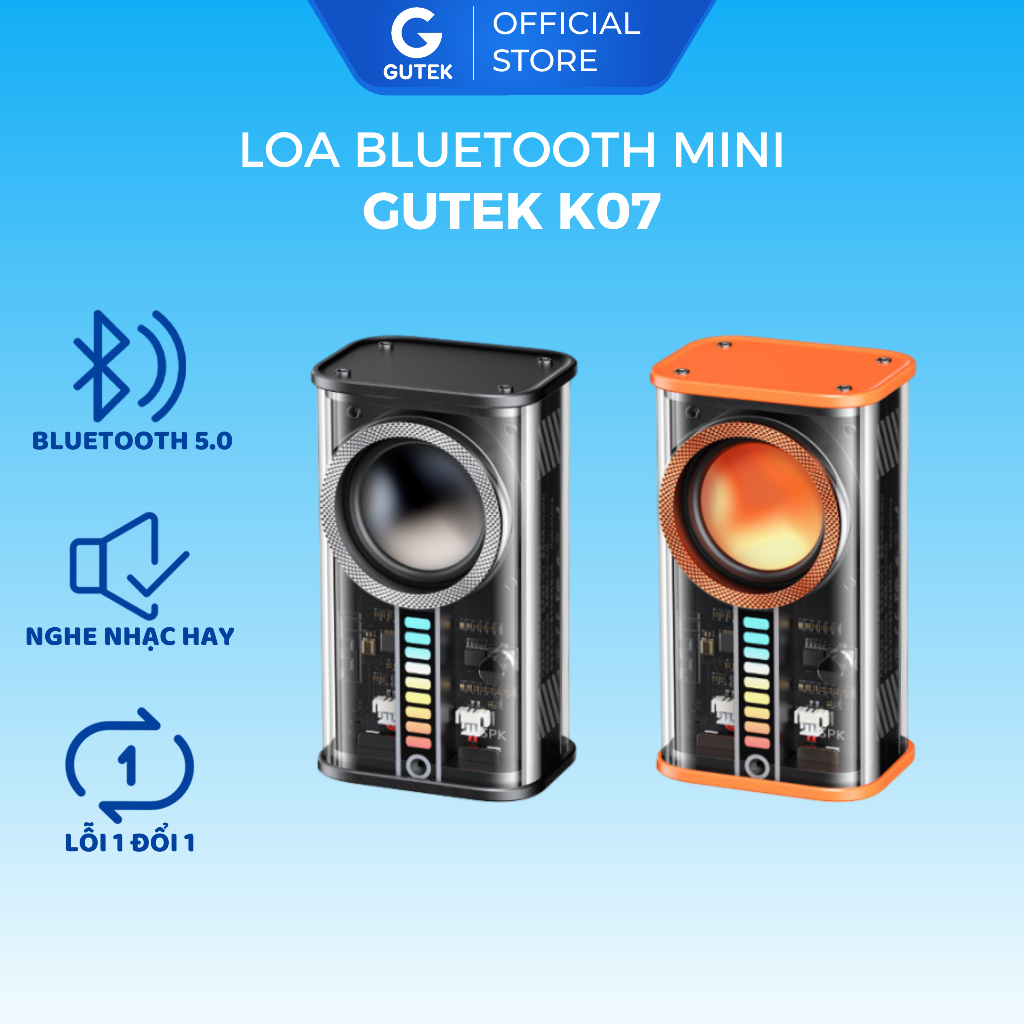 Loa bluetooth mini bass mạnh Gutek K07 vỏ trong suốt cầm tay nhỏ gọn nghe nhạc không dây
