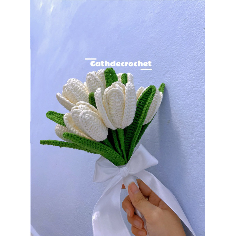 [Ảnh thật] Hoa tulip cưới bằng len cho cô dâu (bó 10 bông) - Tặng kèm hoa cài áo chú rể