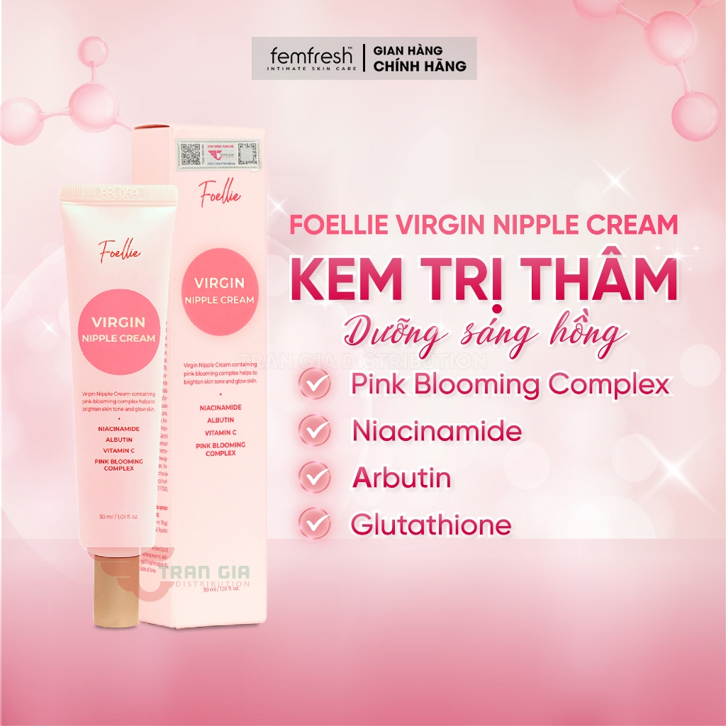 Kem làm hồng vùng kín cao cấp Hàn Quốc FOELLIE VIRGIN NIPPLE CREAM, Làm hồng nhũ hoa, khử thâm vùng kín 30ml