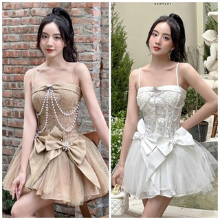 đầm đi tiệc , đầm xòe hai dây ren đá phối nơ sang chảnh