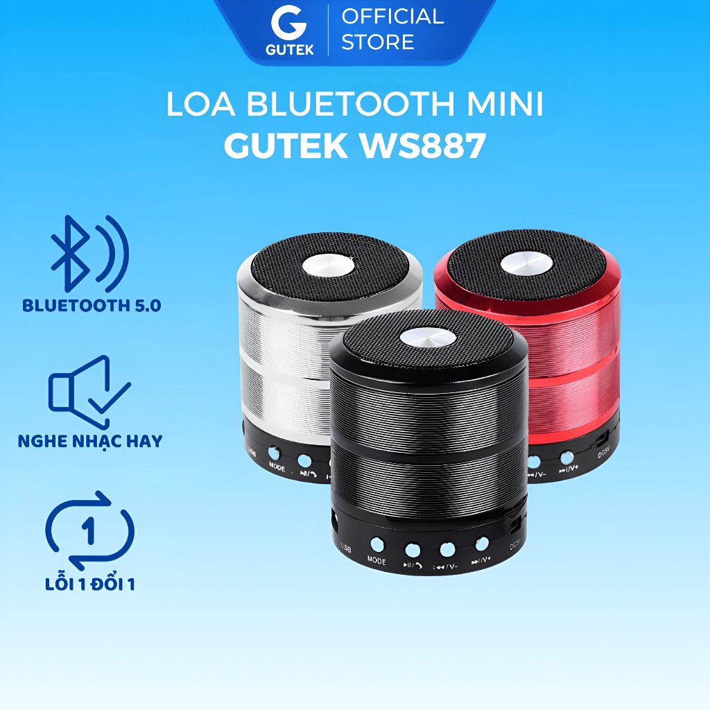 Loa bluetooth mini nghe nhạc không dây Gutek WS887 cầm tay nhỏ gọn hỗ trợ cắm usb thẻ nhớ cổng audio 3.5