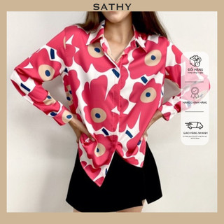 Áo sơ mi lụa nữ, áo sơ mi lụa tay dài sathy dáng vừa người vải silk cao cấp - flowshirt sm009