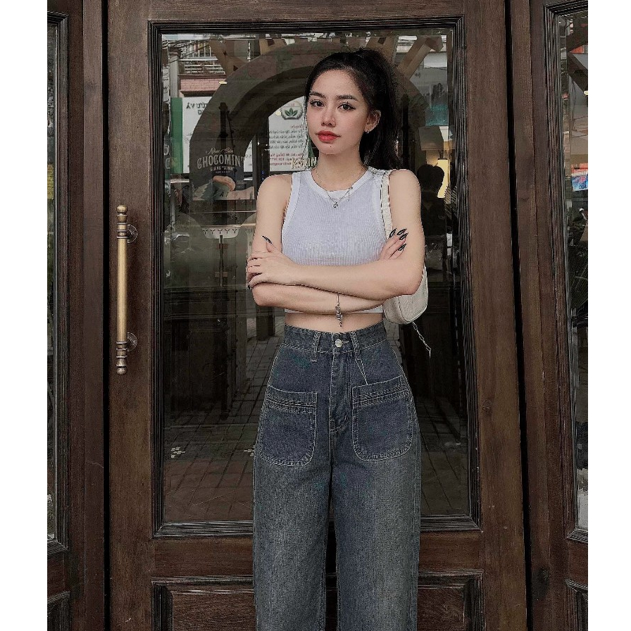 Quần jean denim nữ VMSTYLE ống rộng cạp cao trơn 2 túi hộp trước kiểu basic đi học, đi làm, đi chơi - QJR00172