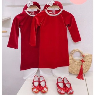 Áo Dài Nhung Đỏ Cổ Ngọc Cho Bé Gái Diện Tết Size Nhí 9m - 4y ( Tặng Mấn Đính Hoa )