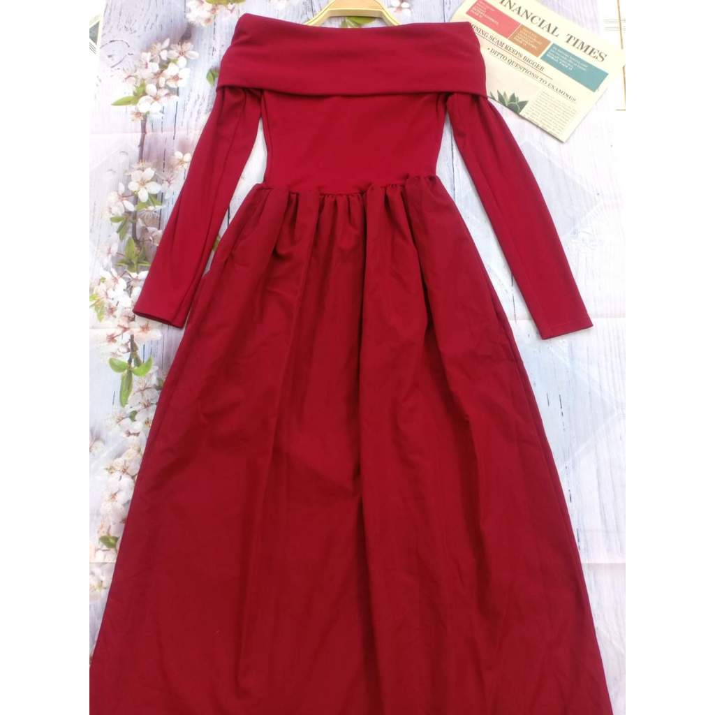 [Hình thật] Đầm đỏ váy đỏ đầm maxi trễ vai dài tay xếp li siêu xinh