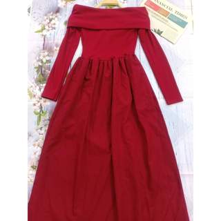 [Hình thật] Đầm đỏ váy đỏ đầm maxi trễ vai dài tay xếp li siêu xinh