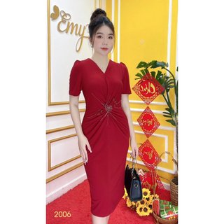 Đầm EMY EM2006 Xoè Đỏ Xoắn Eo