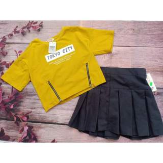 Set áo croptop dây kéo 2 bên tay con mix chân váy xòe xếp li