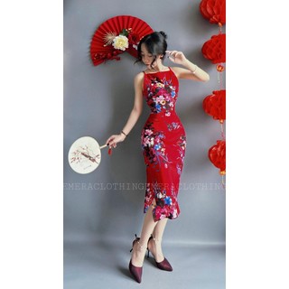 Fleurdress màu đỏ tươi -  váy hoa nhí ôm dáng xè tà có xếp ly che bụng Emera