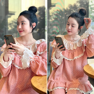 Bộ mặc nhà bánh bèo xô muslin chấm bi