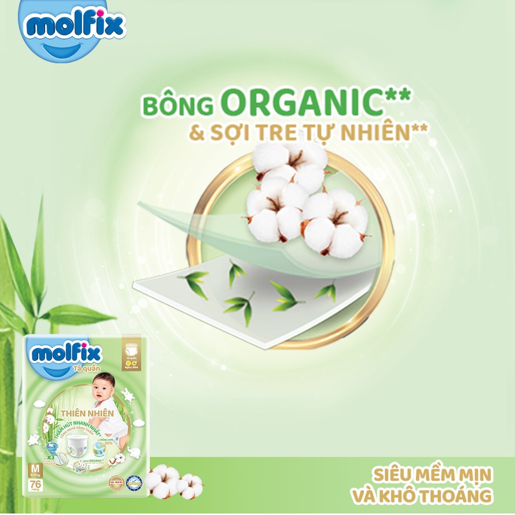 Tã/bỉm quần Molfix Thiên nhiên Super Jumbo L (9kg - 13kg) - C1 - Gói 54+8 miếng