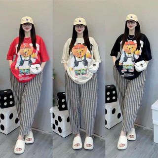 Áo thun chất cotton khô 3158 form rộng tay lỡ - Gấu đội mũ đỏ