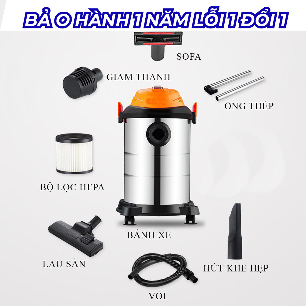 Máy hút bụi công nghiệp, gia đình công suất lớn, dung tích 12L tích hợp 3 chế độ Khô Ướt Thổi