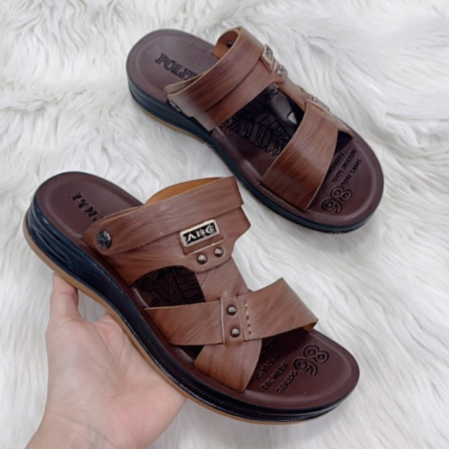Dép da pu nam đã khâu quai đế cao cho bố. Dép nam quai lối liền
