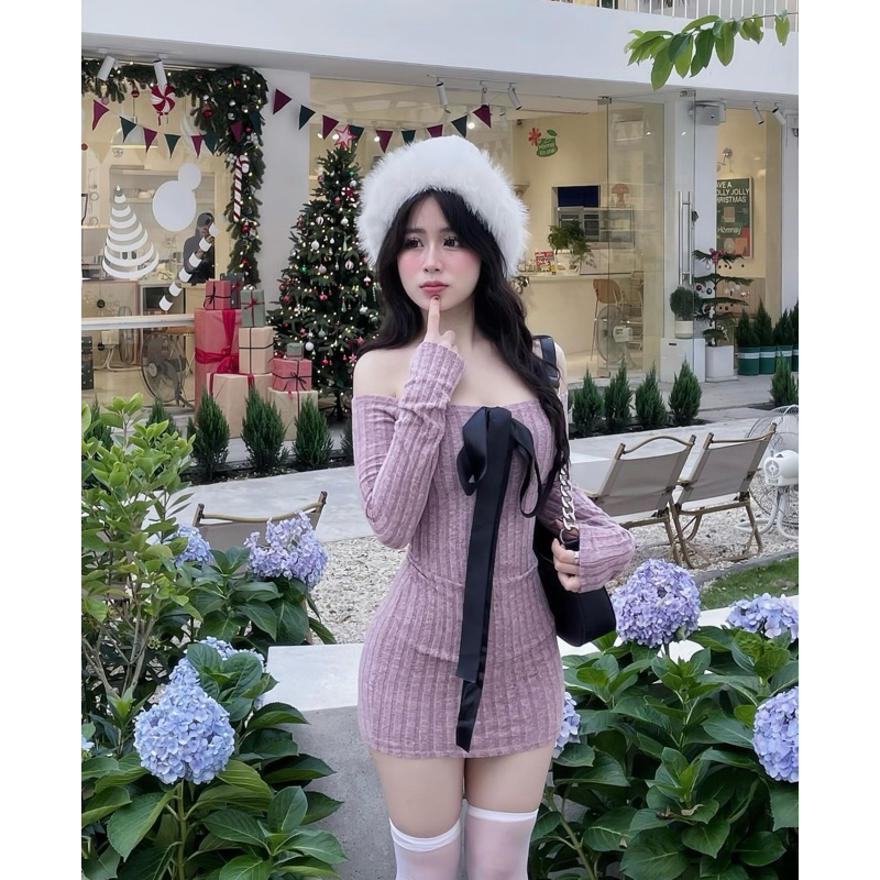 Đầm Body Len Rớt Tay Dài Dáng Ngắn Nơ Ruy Băng Ngực