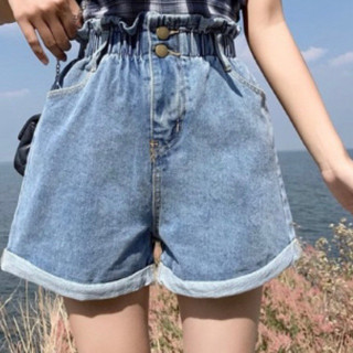 Quần short jean thun phối 2 nút, quần short sọt jean lửng kiểu ngố nữ chất bò xanh lưng thun cạp chun 2 cúc lưng cao