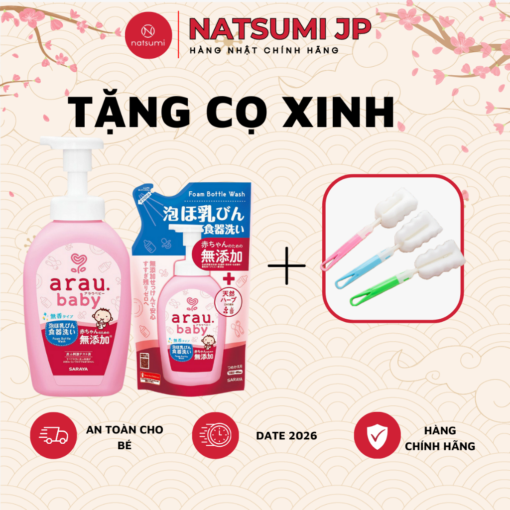 [Tặng Cọ Bình] Nước rửa bình sữa Arau Baby Nhật chai 500ML/túi 450ML