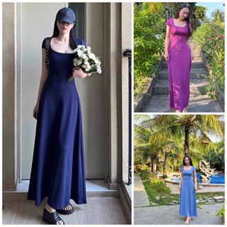 D001 Đầm ôm body nữ dáng dài xòe cổ vuông tay ngắn chất thun tăm mịn co giãn thoải mái