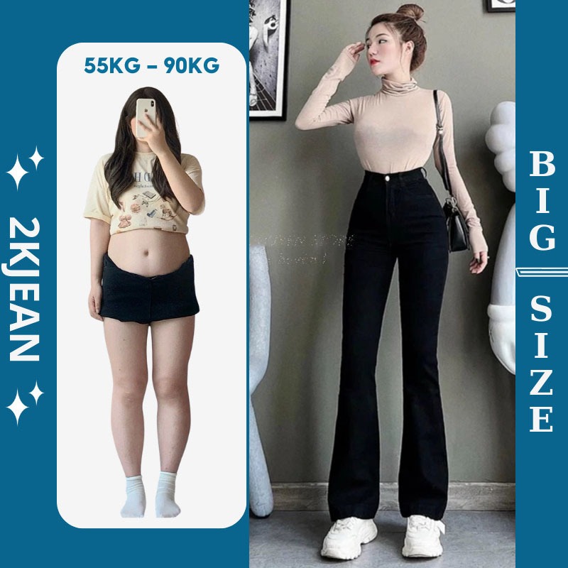 Quần Jean Nữ Ống Loe Bigsize 55–90kg Lưng Cao Co Giãn Form Trơn 2 Màu (Đen/Xám Khói) – 2KJeans