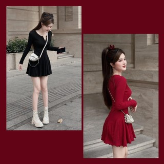 Đầm nữ dáng xòe tay dài, đầm váy màu đỏ dự tiệc cuối năm ,Noel, Tết cho nàng thêm rực rỡ tươi tắn- D019