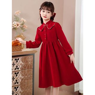 Váy bé gái SZ đại váy thu đông sz đại cho bé gái đầm đỏ sz nhỡ cho bé váy đỏ cổ bèo dài tay thu đông dáng xòe từ 15-50kg