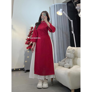 Set áo dài đỏ tay loe kèm chân váy xoè trắng