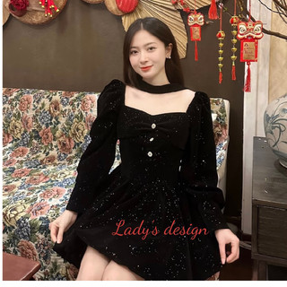 [Lady's Design] Đầm Nhung Kim Tuyền Tay Bống Đính Đá Dáng Ngắn