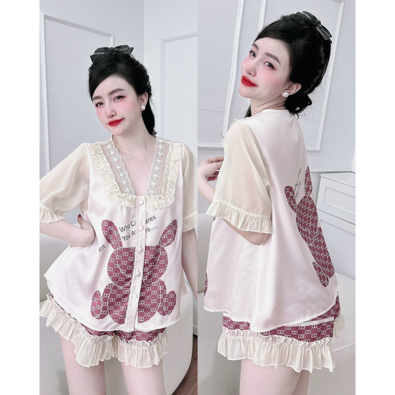 Bộ Lụa Nữ Mặc Nhà Trúc My bigsize 45-70kg, Đồ Bộ lụa latin in thiết kế 5D, viền ren cổ phối nơ xinh